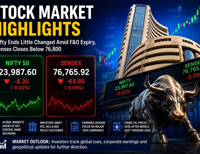 Stock Market Ends Flat as F&O Expiry Keeps Investors Cautious; Sensex Slips Below 76,800